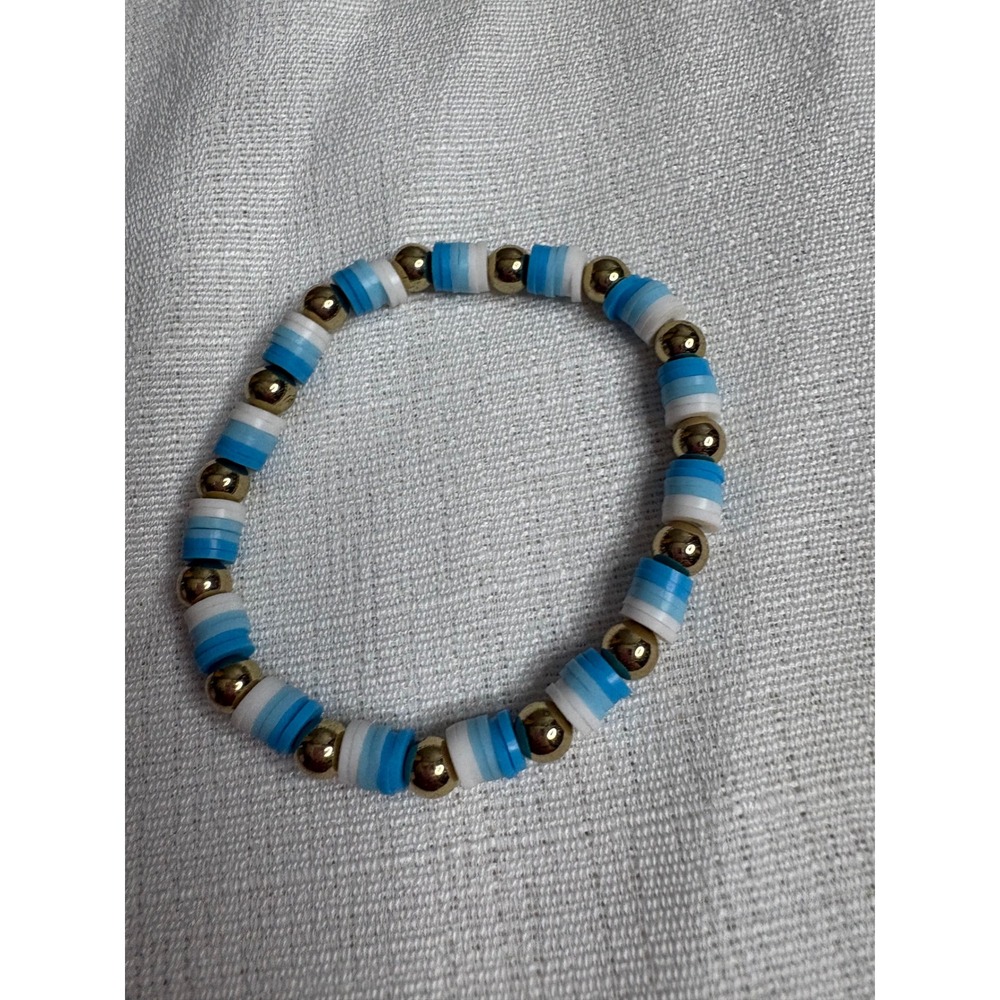 Blue and White Heishi Bead Stretch Bracelet with Gold Tone Accents